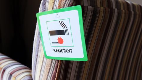 An image showing a flame resistant label attached to furniture