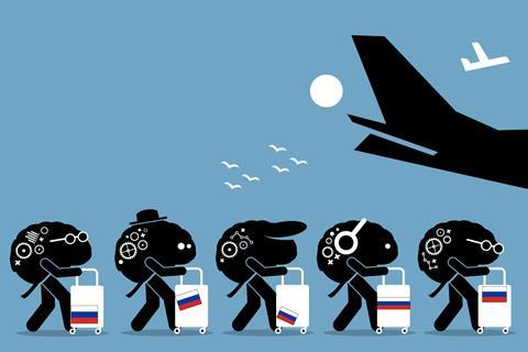 Cartoons of brains with legs wheeling suitcases onto a plane