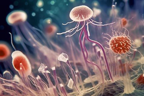 The sea with organic jellyfish-like creatures attached to the bottom by thick tendrils