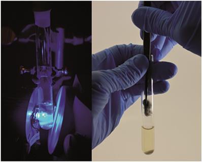 Reaction setup under LED light shown using 2 images side by side.