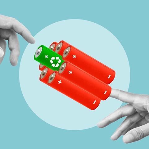 Green recyclable battery and regular batteries as symbol suggesting battery recycling and infinite energy. Infinite batteries, clean and sustainable energy concepts