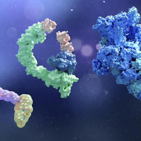 An abstract image of proteins involved in targeted protein degradation set over a purple background