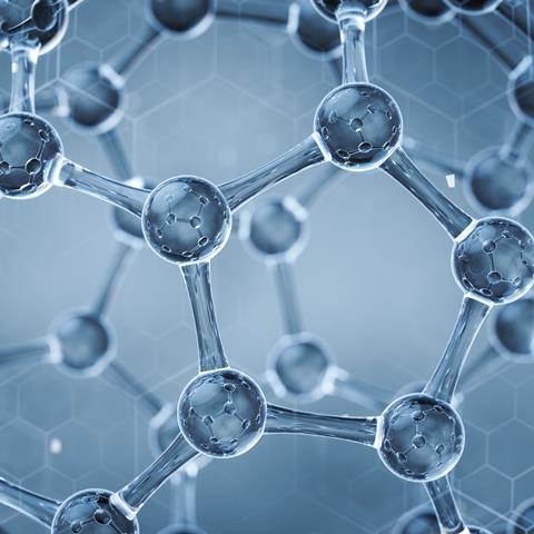 A visualisation of a 3D molecule in close-up, with a blue-grey colour theme