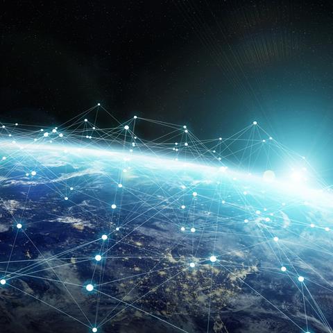 3D rendered glowing dots connected by lines, superimposed on a picture of Earth from space