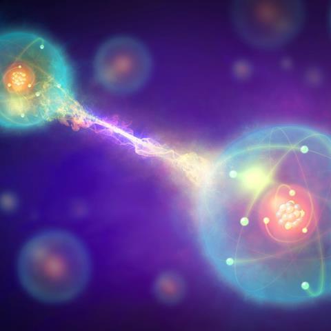Artistic rendering of two atoms connected by quantum entanglement