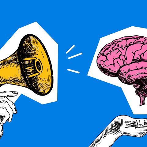Trendy art collage of sketch hands with megaphone and brain. Communication, marketing, job search, employment agency concept. Retro hand drawn vector illustration.