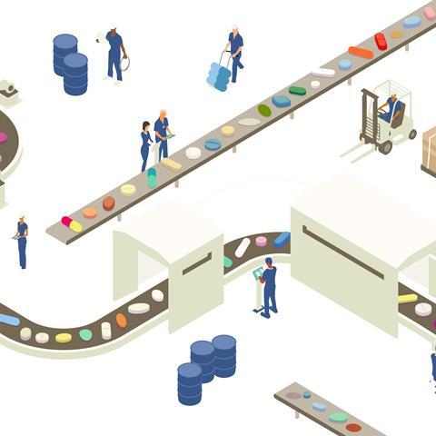 Image shows illustration of a manufacturing production line