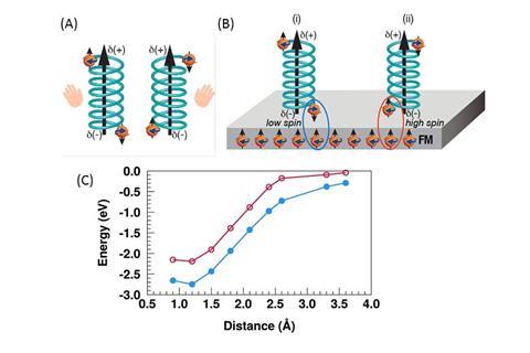 Theoretical underpinnings. (A) A schematic cartoon of the polarization. The electrical polarization of the molecule is accompanied by spin polarization. The spin alignment at each electric pole depends on the specific enantiomer. The horizontal arrows pre