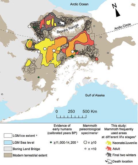 An image showing a map of the likely mammoth movements indicated by black lines and differently coloured areas