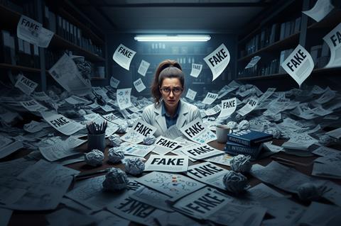 AI generated image of scientist drowning in a sea of fake papers