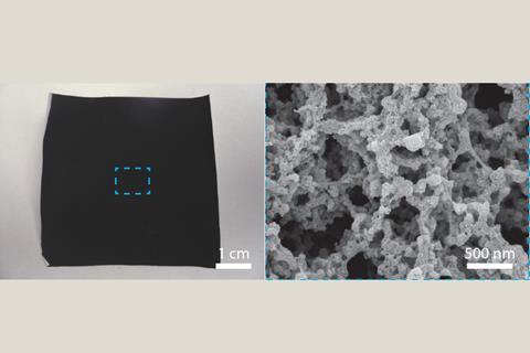 Image of carbon-coated nanoporous polyethylene, the high-emissivity layer (left). Scanning electron microscope image of carbon coating reveals its rough and porous structure, which is advantageous for increasing the emissivity (right).