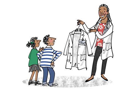 Woman giving lab coat to children