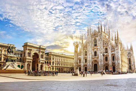 A photograph of Cathedral Duomo di Milano and Vittorio Emanuele gallery in Square Piazza Duomo, Milan
