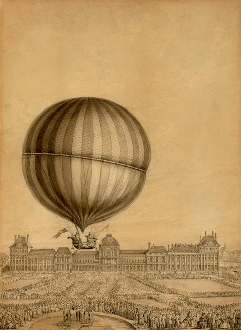 Departure of Jacques Charles and Marie-Noel Robert’s ‘aerostatic globe’ balloon from the Jardin des Tuileries, Paris, on Dec. 1, 1783.