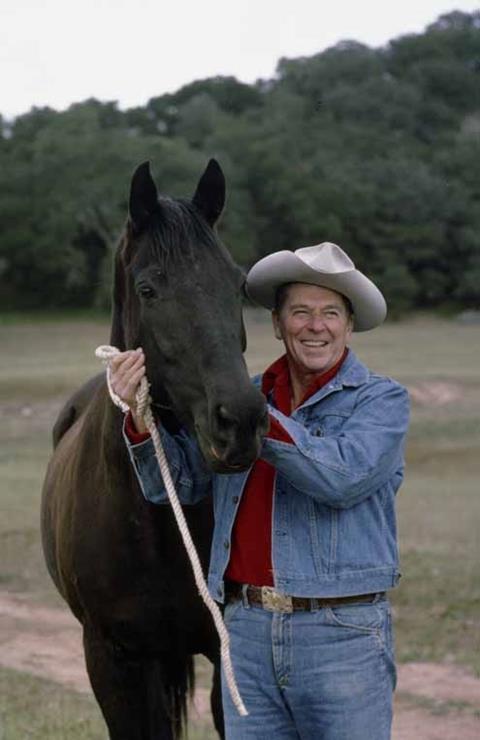 Ronald Reagan with his horse Little Man at Rancho Del Cielo, 1977.
