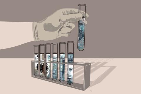 An image showing money in test tubes