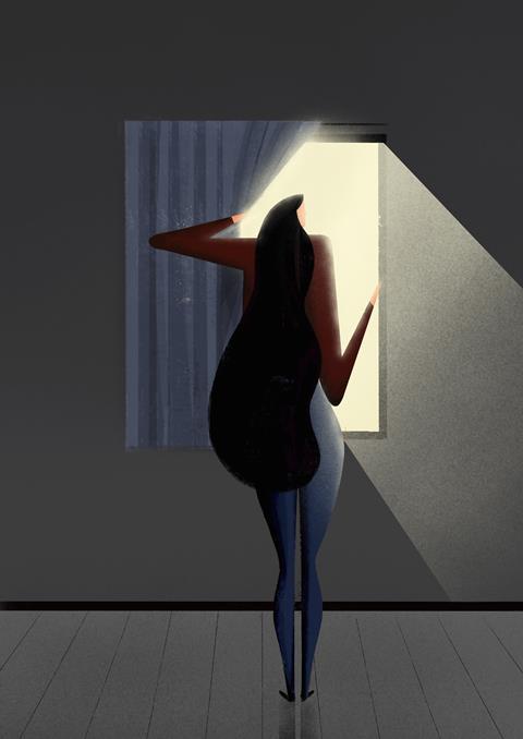 An illustration showing a woman looking out