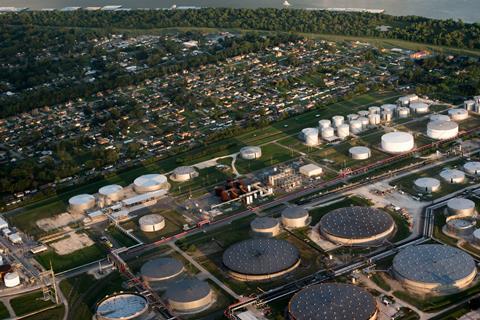 An aerial photo of a chemical plant nest to a residential area