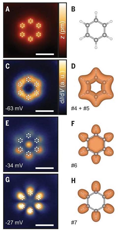 Four pairs of images all showing a benzene hexagonal structure