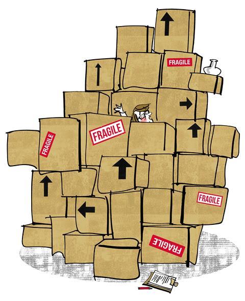 An illustration showing a researcher among dozens of packed up boxes labelled as fragile