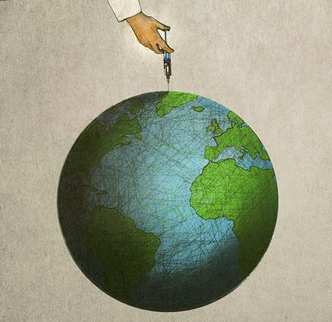 An illustration showing a hand injecting a globe