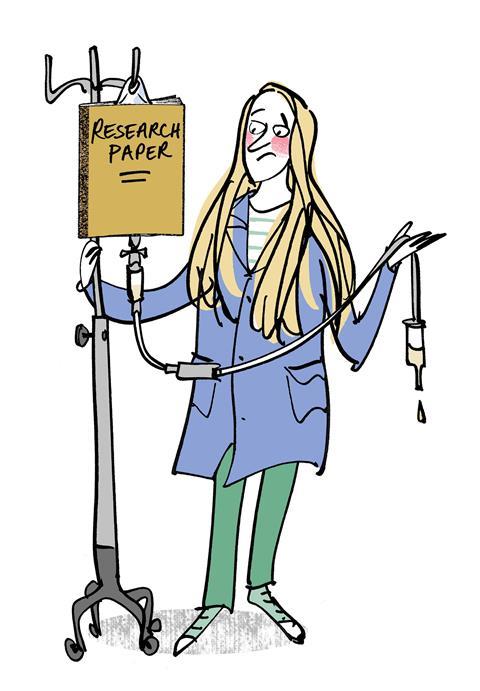 A cartoon of a woman scientist trying to turn a research paper into a medical treatment