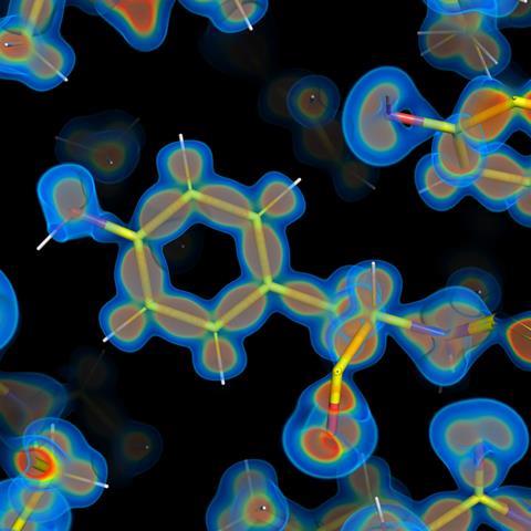 A 3d chemical protein structure with a heat map laid over.