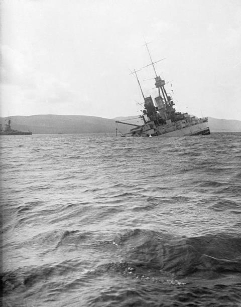 SMS BAYERN down by the stern and sinking at Scapa Flow