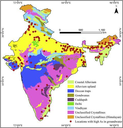 A map of India showing different rock types the North is mostly Alluvium upland and Vindhyan, central areas are Deccan traps, the South is Unclassified crystallines and the East includes Coastal Alluvium and Alluvium upland.