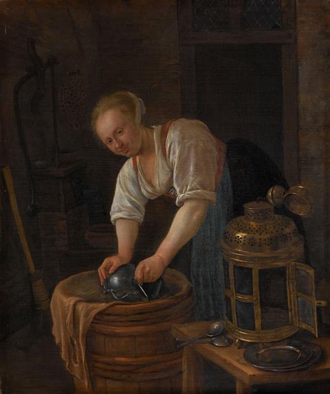 An image showing a painting of a woman scouring metalware, Jan Havicksz. Steen, 1650 - 1660
