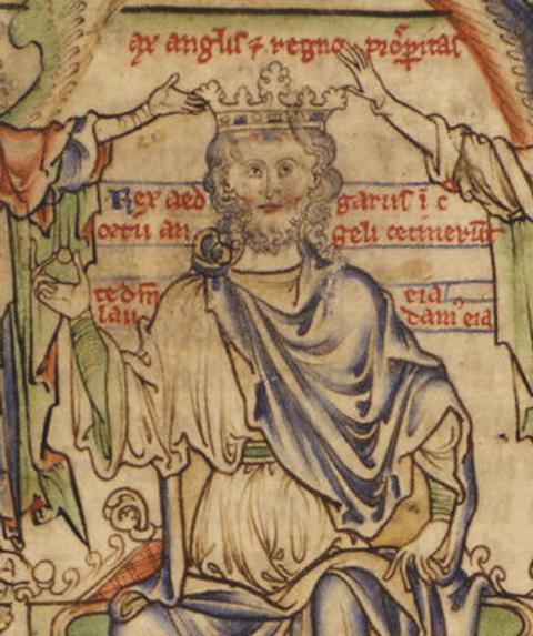 Historical portrait of Edgar the Peaceful sitting on the throne with a crown being placed on his head