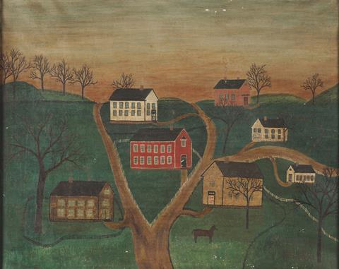 An image showing a forged painting of a 19th century village scene signed and dated 'Sarah Honn May 5, 1866 A.D.'