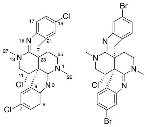 Structures of caulamidines A (left) and B (right)