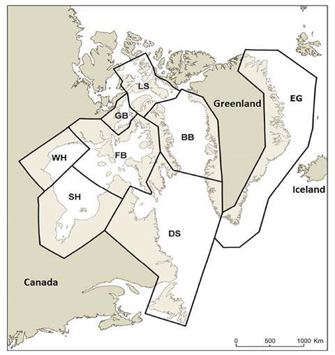 Map of Canadian and East Greenland polar bear subpopulations. WH: Western Hudson Bay; SH: Southern Hudson Bay; FB: Foxe Basin; GB: Gulf of Boothia; LS: Lancaster Sound; BB: Baffin Bay, DS: Davis Strait; EG: East Greenland. 