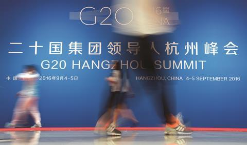 G20 summit logo in the media centre at the G20 summit in Hangzhou, China