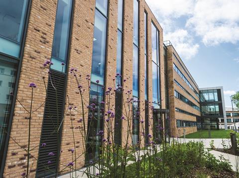 Exterior shot of the refurbished Chemistry Building, and the new collaborative technology access programme extension, at Lancaster University