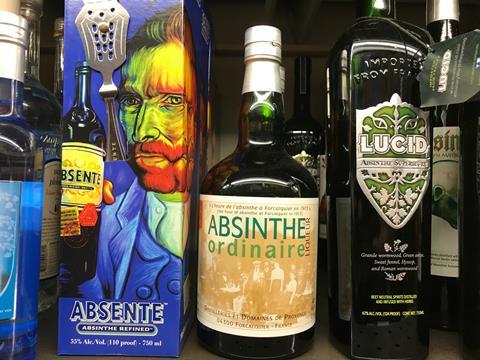 New Absinthe bottles from France on display in a retail store