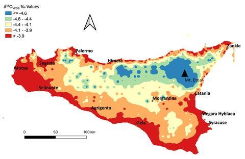 An image showing the outline of Sicily, filled with different colours in a heatmap style