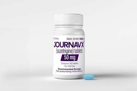 Pill bottle labelled with Journavx, with blue pill alongside