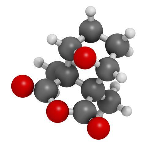 Cantharidin blister beetle poison molecule. 3D rendering