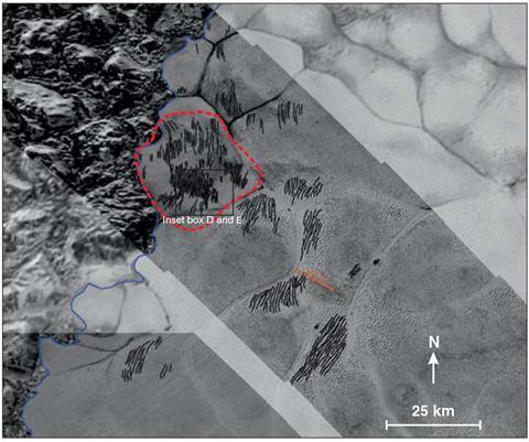 An image showing dunes identified on Pluto