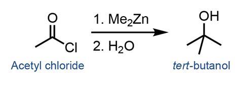 A scheme showing the conversion of acetyl chloride to tert-butanol