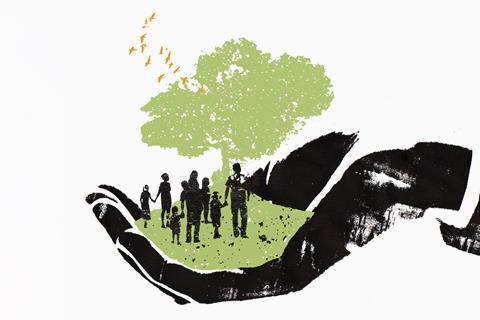 Gambar yang menunjukkan tangan memegang pohon dan orang-orang
