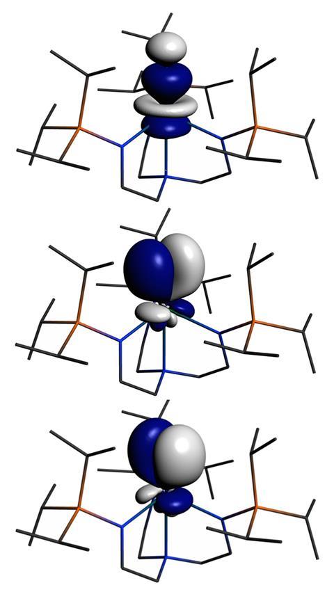 An image of three stick structures and, in the centre of each of them, the spherical and bulbous shapes of the orbital representations in white and blue