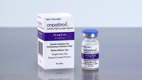 A photograph of Alnylam's Onpattro (patisiran) packaging and product vial