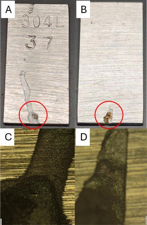 Stainless steel rectangular coupon wil corrosion damage and micrographs