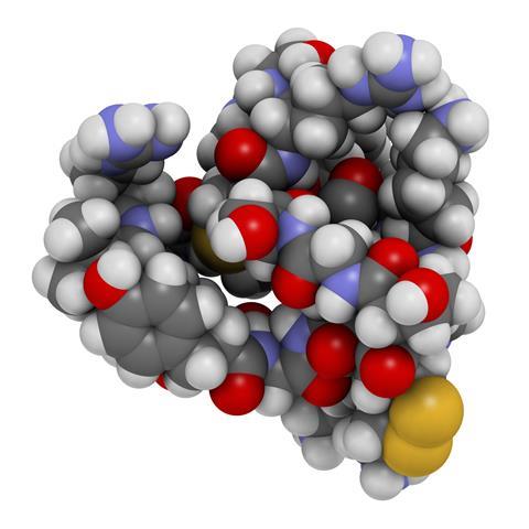 Ziconotide pain drug molecule. Synthetic form of omega conotoxin from cone snail.