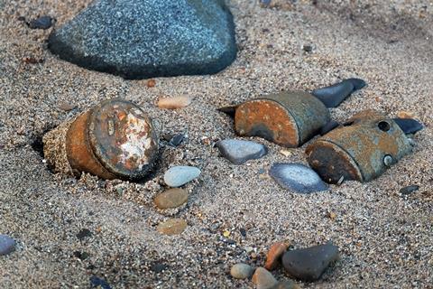 A photograph of World War 2 munitions found on a UK beach
