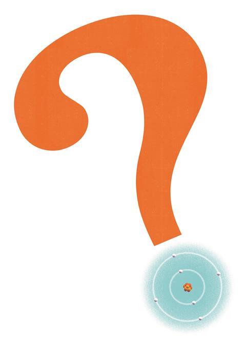An illustration of a question mark with an atom