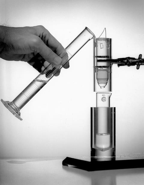 The first technetium-99m generator developed at Brookhaven National Laboratory, circa 1958, shown without shielding. Technetium-99m is the most commonly used medical radioisotope.